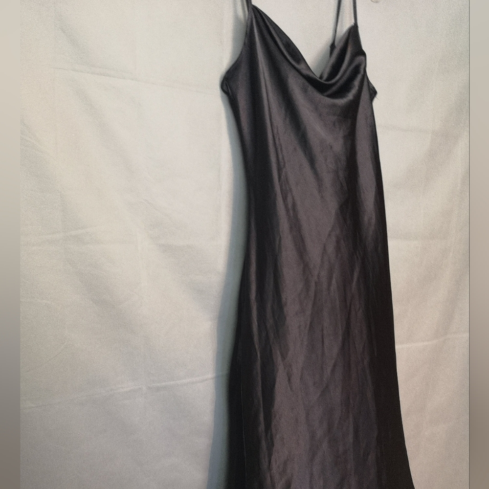 Vintage | Black Slip Satin Cowl Neck Spaghetti Strap Midi Dress - Picture 2 of 12